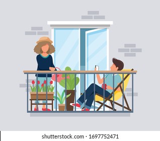 People on balcony, coronavirus concept. Stay at home during epidemic. Cute vector illustration in flat style