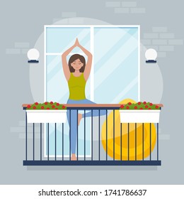 People on balcony. Coronavirus concept. Stay at home during the coronavirus epidemic. Woman doing yoga. Flat vector illustration