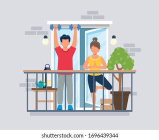 People on balcony doing workout, coronavirus concept. Stay at home during epidemic. Cute vector illustration in flat style