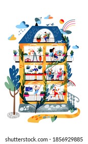 People on balcony in house front view. Girl exercising, boy playing guitar, happy people sitting and drinking, guy watering flowers, ballet dancer. Day indoor at home vector illustration.