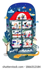 People on balcony in house front view in evening. Girl exercising, boy playing guitar, happy people sitting and drinking, guy watering flowers, ballet dancer. Indoor at home vector illustration.