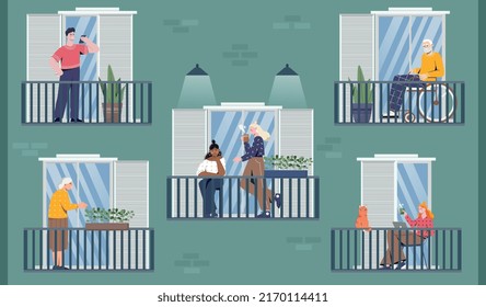 People on balcony. Neighbors in big house communicate with each other. Daily activities and routine. Love for plants and pets, several generations of people resting. Cartoon flat vector illustration