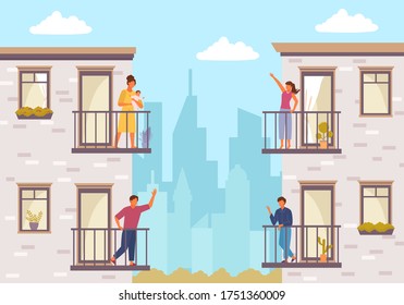 People on balcony stay home. Quarantined people communicate through balcony two guys greet each other young girl with child communicates her friend house plants balcony windows. Vector flat style.