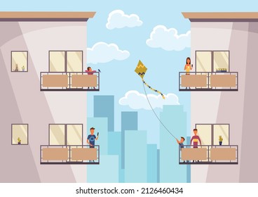 People on balcony stay home. Building with windows side view. Characters standing terrace. Daytime, neighborhood, house outside with people. Architecture concept