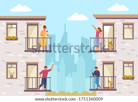 People on balcony stay home. Quarantined people communicate through balcony two guys greet each other young girl with child communicates her friend house plants balcony windows. Vector flat style.
