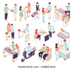 People on banquets and catering service isometric icons set isolated on white background 3d vector illustration