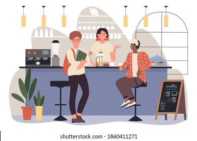 People on bar pub vector illustration. Cartoon woman bartender character working in coffeehouse, standing at bar counter, barista making hot coffee for clients, happy guys friends meeting background