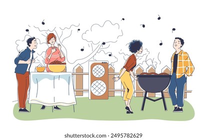 People on bbq. Men and women roast meat in garden. Barbecue and picnic, grill. Party and event, holiday. Summer outdoors recreation. Linear vector illustration isolated on white background