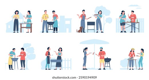 People on bbq. Outside barbecue, family and friends grilling meat sausages vegetables and eating together. Summer picnic with drinks, recent vector scenes