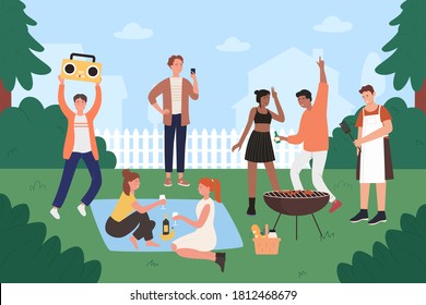 People on bbq party vector illustration. Cartoon flat young hipster friends have fun at backyard bbq grilling picnic, happy teen group characters cooking on grill, eating grilled food background