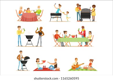 People On BBQ Picnic Outdoors Eating And Cooking Grilled Meat On Electric Barbecue Grill Set Of Scenes