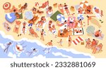 People on beach, above top view. Men, women sunbathing on sand, swimming in water at sea resort, ocean coast. Crowd on seacoast with umbrellas, sunbeds, lying on towels. Flat vector illustration