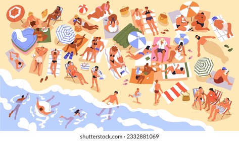 People on beach, above top view. Men, women sunbathing on sand, swimming in water at sea resort, ocean coast. Crowd on seacoast with umbrellas, sunbeds, lying on towels. Flat vector illustration