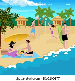 People on beach composition with summer sea coast and tropical scenery with flat images of adults vector illustration