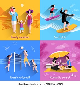 People on beach design concept with family vacation surf club flat icons isolated vector illustration