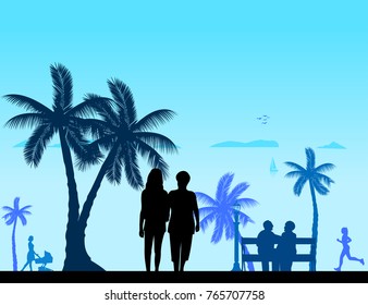 People on the beach and different activities on beach scene silhouette layered, one in the series of similar images