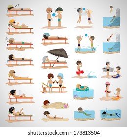 People On The Beach In Different Situations - Isolated On Gray Background, Vector Illustration, Graphic Design Editable For Your Design. Group Of People In Different Situation Have A Fun On The Beach