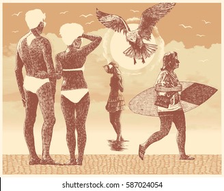 People On The Beach. Drawing Style. Vector Illustration 