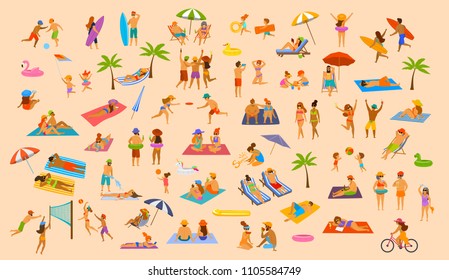 people on beach fun graphic set collection. man woman, couples kids, young old enjoy summer vacation, relax, chill have fun, surf, play dance, lying on towels sun chairs sand, eat ice drink cocktails.