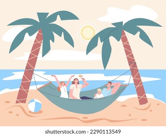 People on beach in hammock. Happy family vacations, cute parents and children holidays. Summer travel, rest on sea or ocean, kicky vector concept