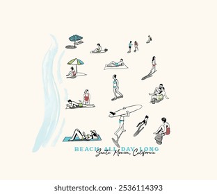 people on beach hand drawn vector art, summer beach activity vector illustration, sunbathing, surfing, sitting, Island beach vacation artwork for t shirt, poster, graphic print