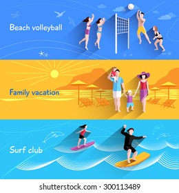 People on beach horizontal banner set with beach volleyball family vacation elements isolated vector illustration