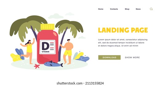 People on beach with huge vitamin D supplement. Sun and nutrients for good skin flat vector illustration. Health, pharmacy, deficiency concept for banner, website design or landing web page