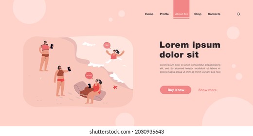 La gente en la playa ignora a la mujer ahogada. Personajes femeninos transmitiendo en vivo en la orilla del mar mientras la chica pide ayuda para la ilustración vectorial plana. Adicción, concepto de medios sociales para banner, diseño de sitios web