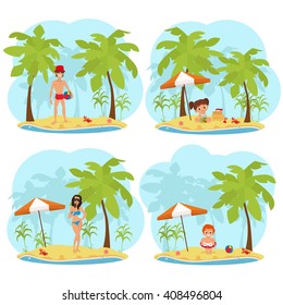 people on the beach. isolated scenes of people and children on the beach. people went on vacation at the beach. People playing on the beach games. people on the beach of a tropical island. vector
