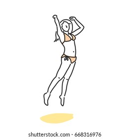 People on the beach. jumping - Summer Time. hand drawn. line drawing. vector illustration.