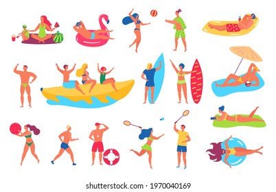 People on beach. Man and woman in swimsuits sunbathing, relaxing on beach towel. Friends playing sport games. Summer vacation holiday vector set. Characters having rest, doing activities