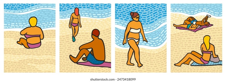 People on the beach poster set. People relaxing and sunbathing on the beach. Summer vacation posters.