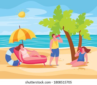 People on beach preventing summertime overheating  heatstroke sitting under umbrella drinking water using chinese fan vector illustration 