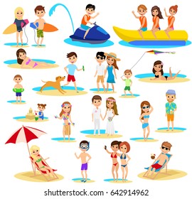 People on the beach set. Summer vacation. The cartoon style. Isolated on white background. Vector illustration.