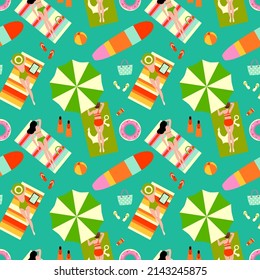 People on the beach, summer vacation holiday concept pattern design, surf board, beach balls, swimming flipper, flip flops, retro color summertime print background 