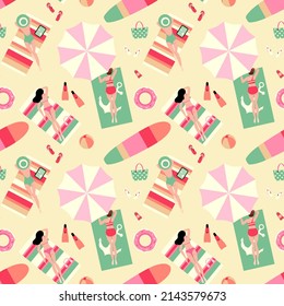 People on the beach, summer vacation holiday concept pattern design, surf board, beach balls, swimming flipper, flip flops, retro pastel color summer time print background 