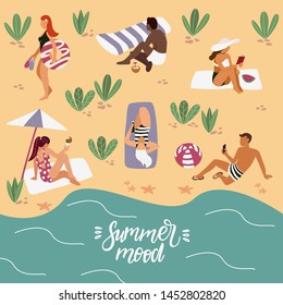 People on the beach: sunbathing, reading books, talking, walking. Vector summertime cartoon illustration.