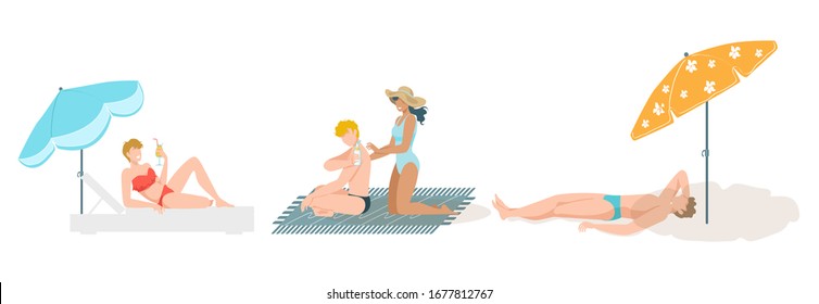 People on beach sunbathing set, summer vacation at sea cartoon isolated on white vector illustration. Woman and man in swim suit under sun umnrella, girl putting lotion on boyfriend for sunbath.