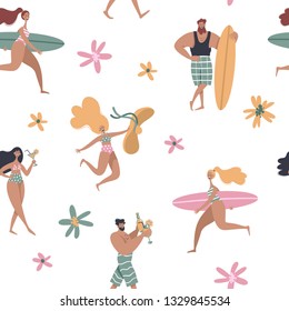 People on the beach, surfer girl, surfer boy, people drink cocktails. Summertime seamless pattern.