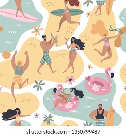 People on the beach, surfer girl, surfer boy, girl swimming on pink flamingo float circle, people drink cocktails. Summertime seamless pattern.