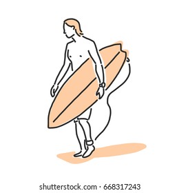People on the beach. Surfing - Summer Time. hand drawn. line drawing. vector illustration.