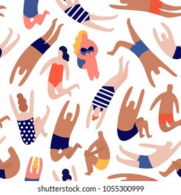 People on a beach. Swim jumping into the water. Summer rest vacation. Seamless vector pattern