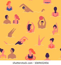 People on a beach. Swimming and playing in the water. Summer rest vacation. Seamless vector pattern