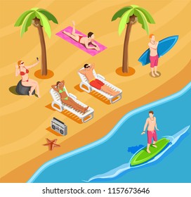 People on beach vacation isometric composition with self portrait sun bathing and surfing vector illustration