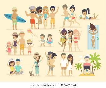 Gente en la playa. Ilustración vectorial.