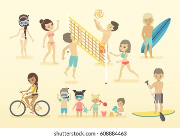 Gente en la playa. Ilustración vectorial.