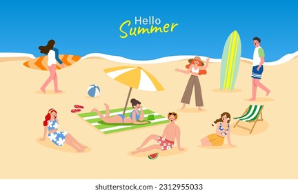 people on beach vector set collection. man woman, surf board, enjoy summer vacation, relax, chill have fun, play dance, lying on towels sun chairs sand, eat ice drink cocktails.