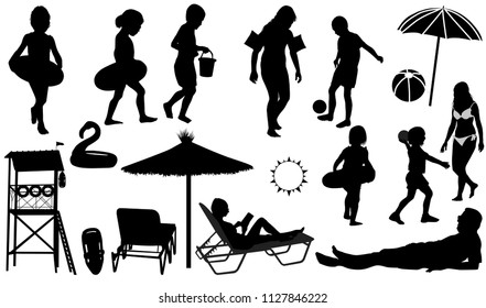 People on the beach vector silhouettes on white background