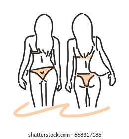 People on the beach. Walking - Summer Time. hand drawn. line drawing. vector illustration.