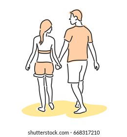People on the beach. Walking - Summer Time. hand drawn. line drawing. vector illustration.